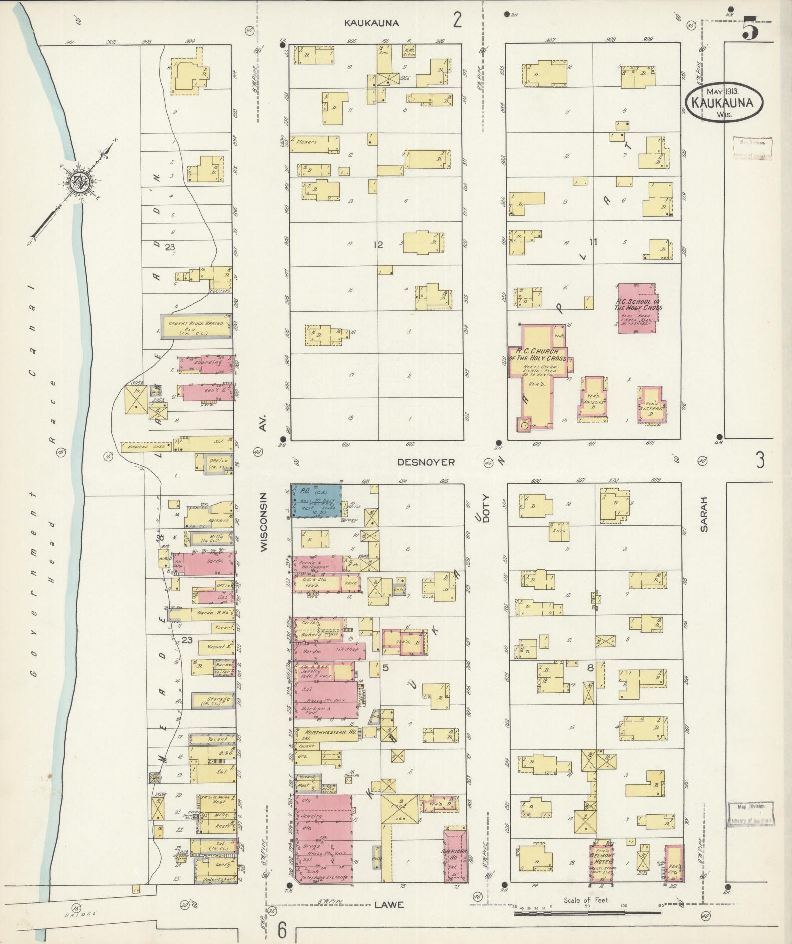 Sanborn Fire Insurance Map from Kaukauna, Outagamie County, Wisconsin (1913), Sheet #0005 - Historic Sanborn Fire Insurance Map Print, vintage old map wall art, antique decor, genealogy gift, Wisconsin Wisconsin map
