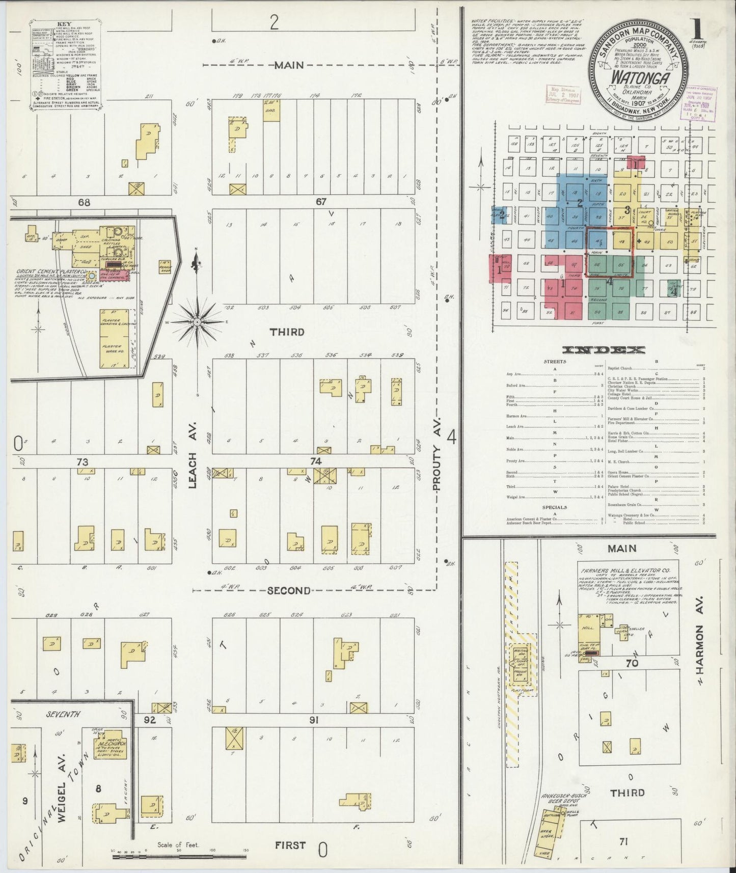 Sanborn Fire Insurance Map from Watonga, Blaine County, Oklahoma (1907), Sheet #0001 - Complete Map Set gallery image, historic Sanborn map, vintage wall art, Oklahoma Oklahoma