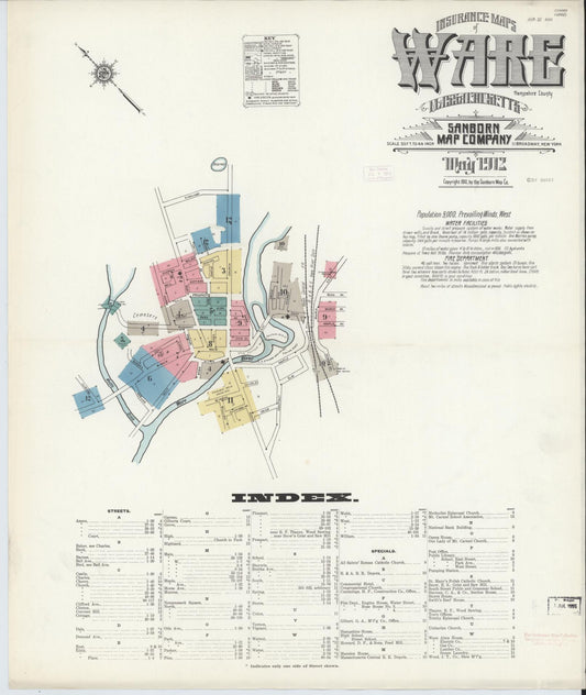 Sanborn Fire Insurance Map from Ware, Hampshire County, Massachusetts (1912), Sheet #0001 - Historic Sanborn Fire Insurance Map Print, vintage old map wall art, antique decor, genealogy gift, Massachusetts Massachusetts map