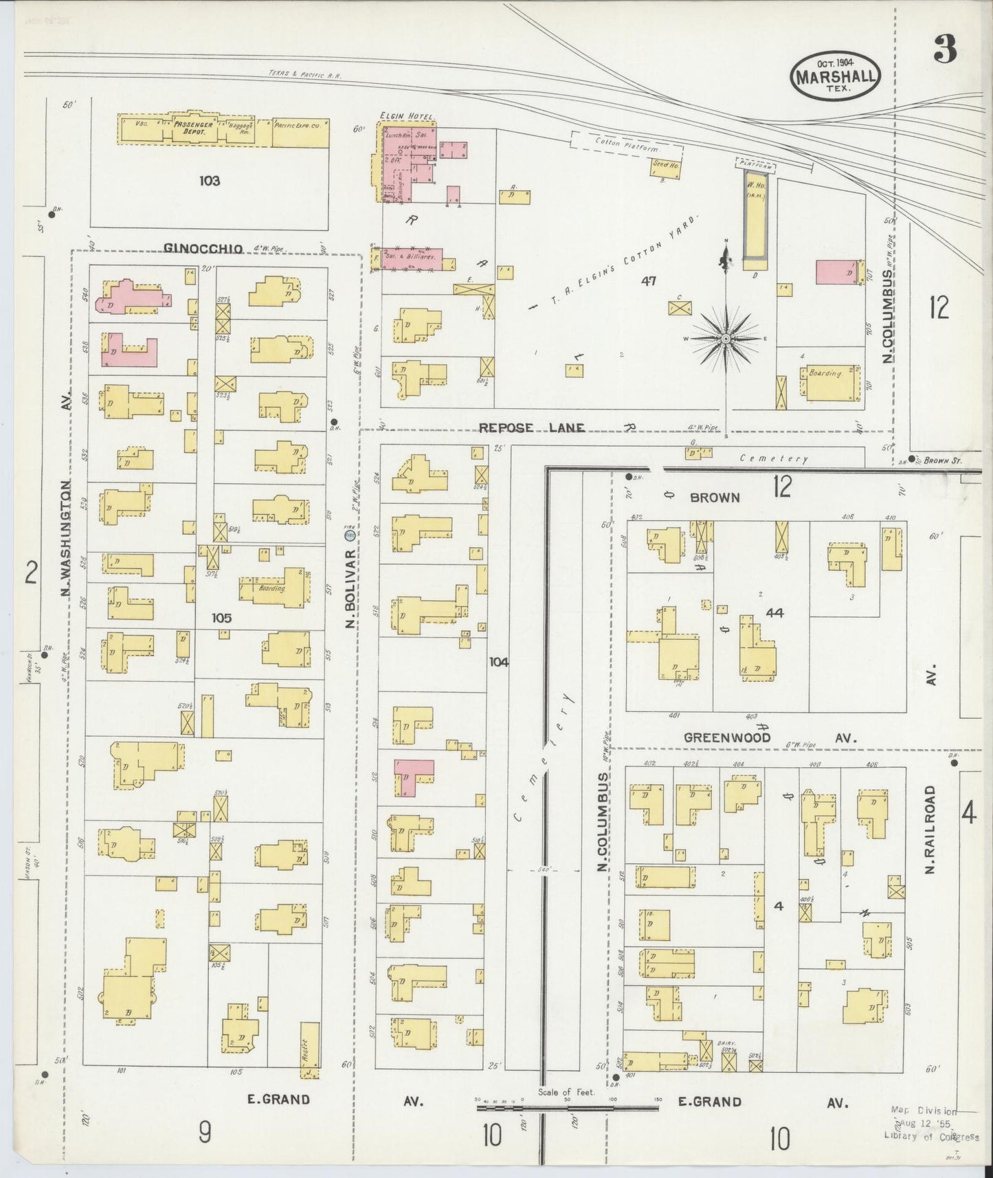 Sanborn Fire Insurance Map from Marshall, Harrison County, Texas (1904), Sheet #0003 - Complete Map Set gallery image, historic Sanborn map, vintage wall art, Texas Texas