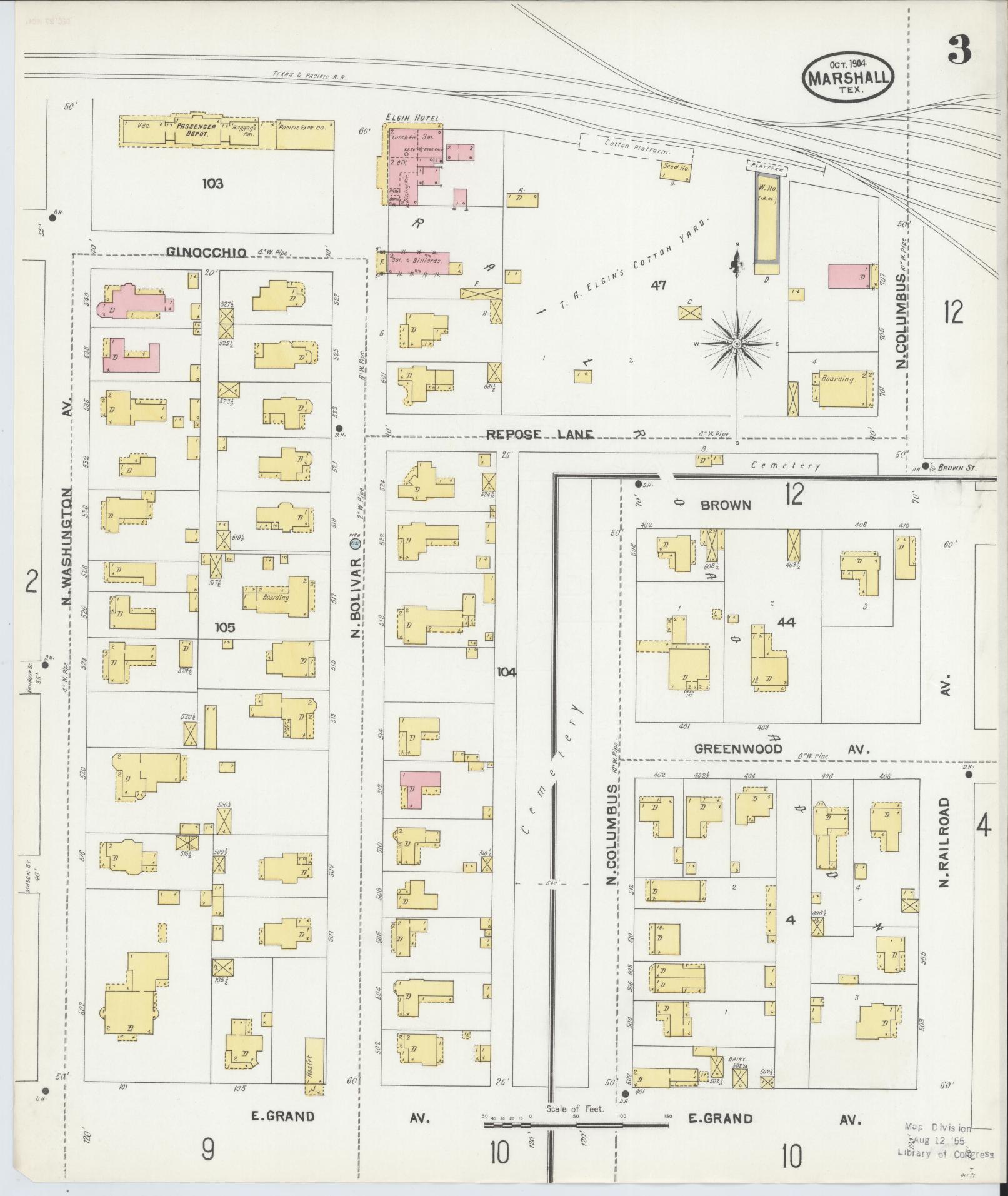 Sanborn Fire Insurance Map from Marshall, Harrison County, Texas (1904), Sheet #0003 - Complete Map Set gallery image, historic Sanborn map, vintage wall art, Texas Texas