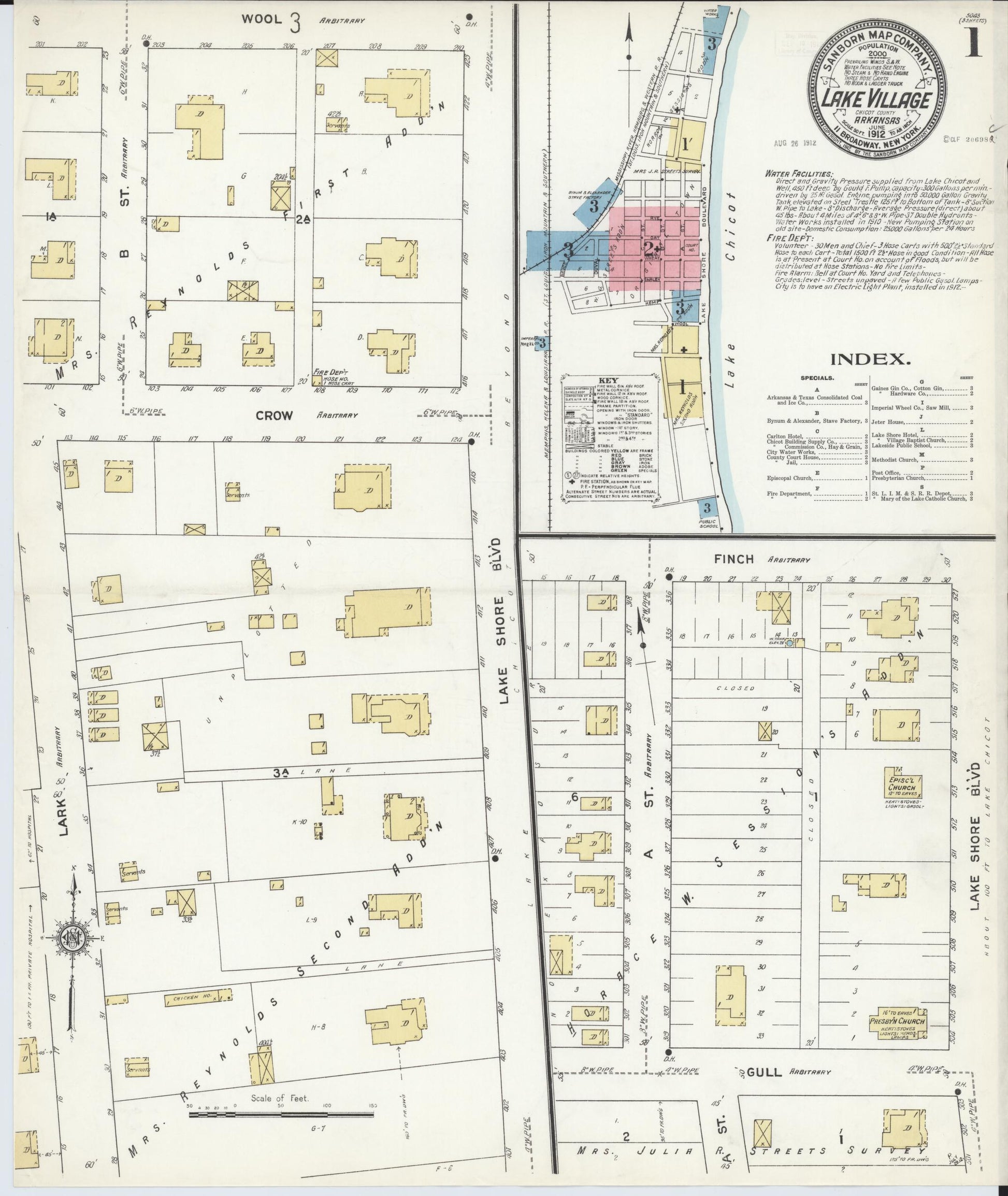 Sanborn Fire Insurance Map from Lake Village, Chicot County, Arkansas (1912), Sheet #0001 - Historic Sanborn Fire Insurance Map Print, vintage old map wall art, antique decor, genealogy gift, Arkansas Arkansas map