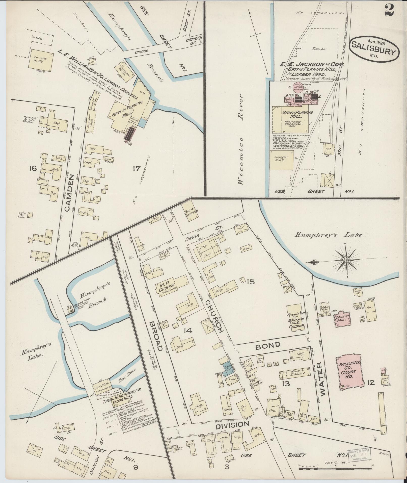 Sanborn Fire Insurance Map from Salisbury, Wicomico County, Maryland (1885), Sheet #0002 - Historic Sanborn Fire Insurance Map Print, vintage old map wall art