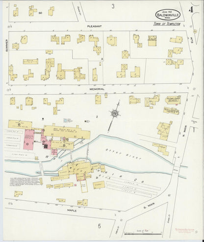 Sanborn Fire Insurance Map from Baldwinville, Worcester County, Massachusetts (1912), Sheet #0004 - Historic Sanborn Fire Insurance Map Print, vintage old map wall art, antique decor, genealogy gift, Massachusetts Massachusetts map