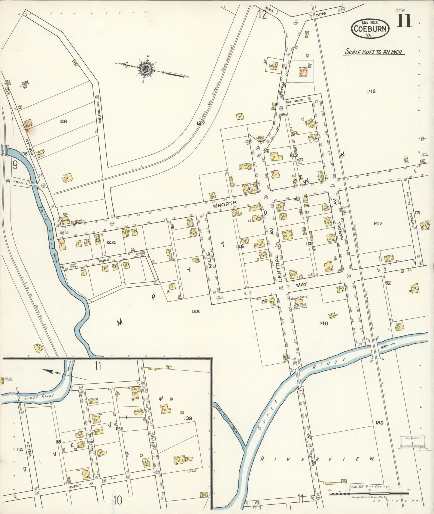 Sanborn Fire Insurance Map from Coeburn, Wise County, Virginia (1922), Sheet #0011 - Complete Map Set gallery image, historic Sanborn map, vintage wall art, Virginia Virginia