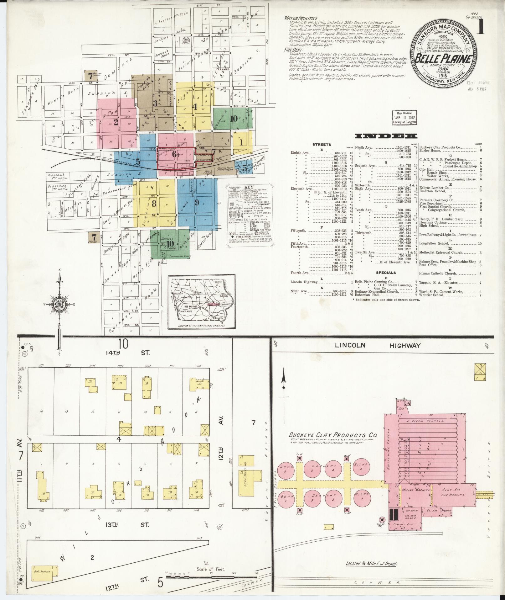 Sanborn Fire Insurance Map from Belle Plaine, Benton County, Iowa (1916), Sheet #0001 - Historic Sanborn Fire Insurance Map Print, vintage old map wall art