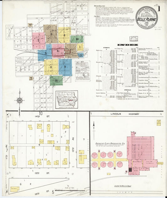 Sanborn Fire Insurance Map from Belle Plaine, Benton County, Iowa (1916), Sheet #0001 - Historic Sanborn Fire Insurance Map Print, vintage old map wall art