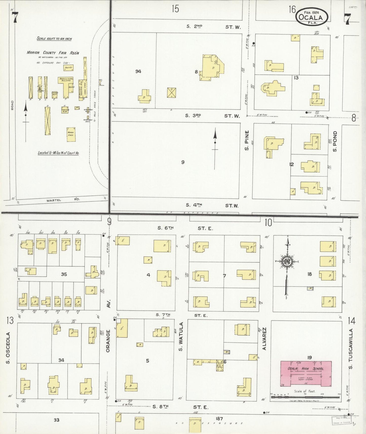 Sanborn Fire Insurance Map from Ocala, Marion County, Florida (1924), Sheet #0007 - Complete Map Set gallery image, historic Sanborn map, vintage wall art, Florida Florida