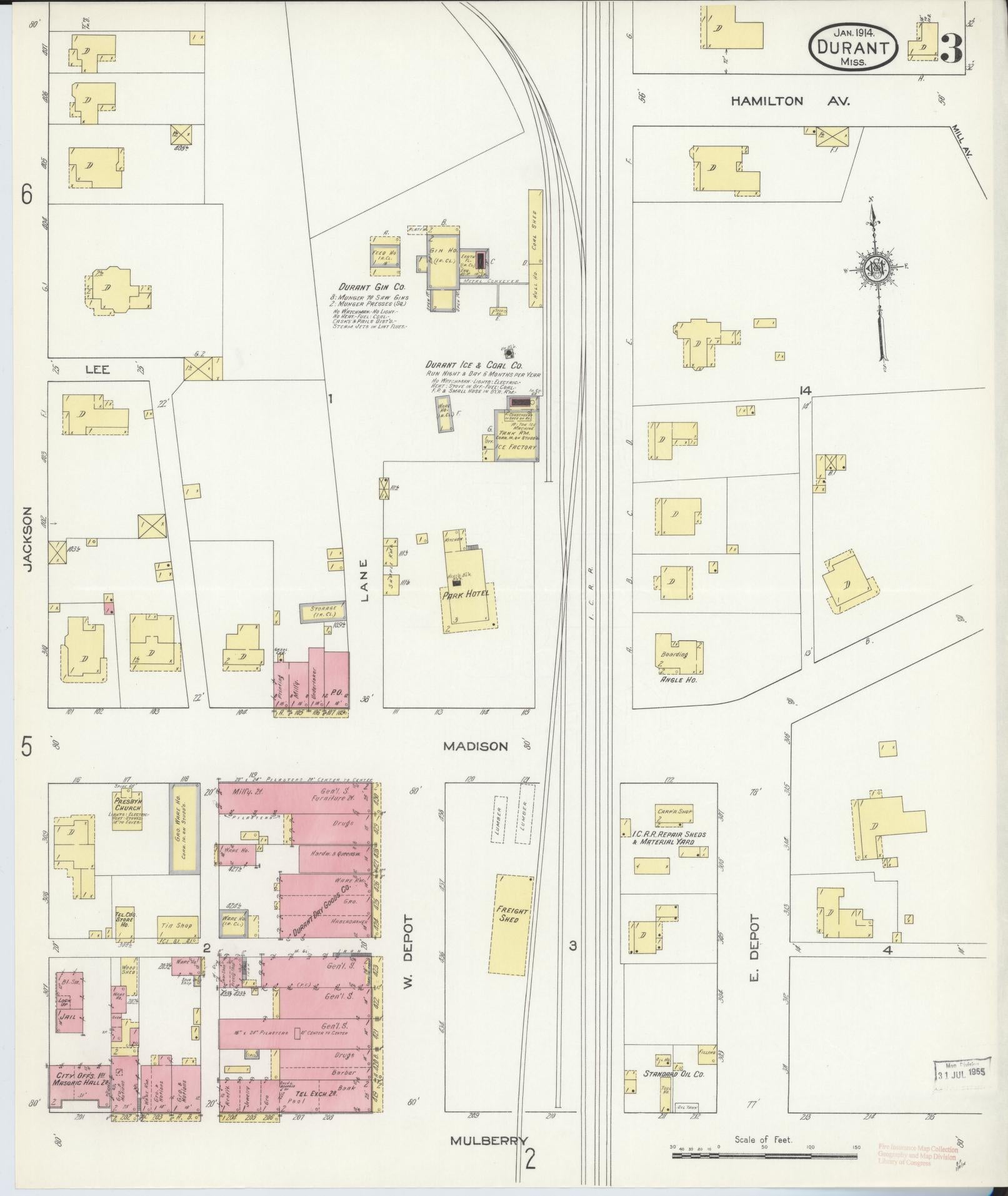 Sanborn Fire Insurance Map from Durant, Holmes County, Mississippi (1914), Sheet #0003 - Complete Map Set gallery image, historic Sanborn map, vintage wall art, Mississippi Mississippi