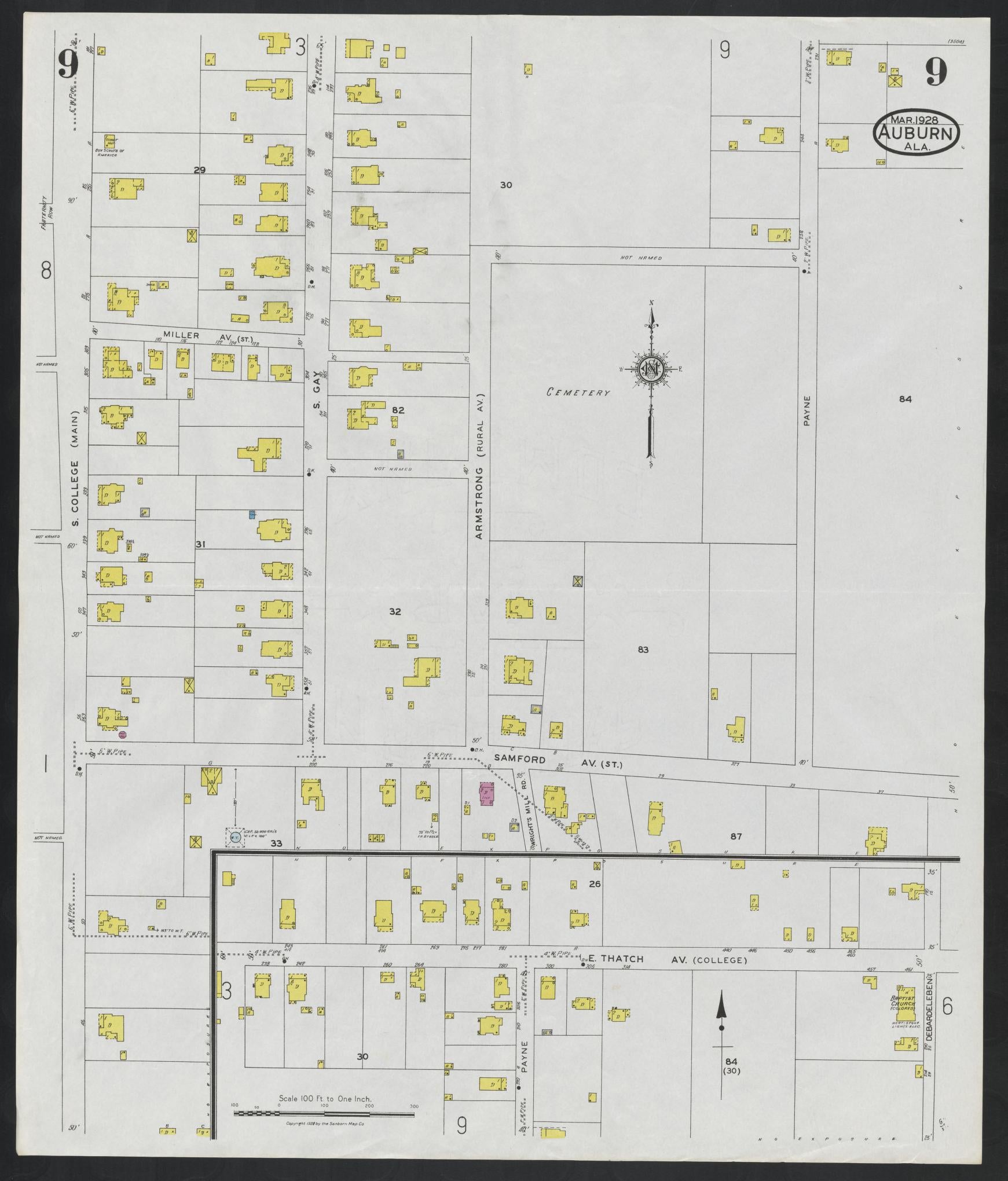 Sanborn Fire Insurance Map from Auburn, Lee County, Alabama (1928), Sheet #0009 - Complete Map Set gallery image, historic Sanborn map, vintage wall art, Alabama Alabama