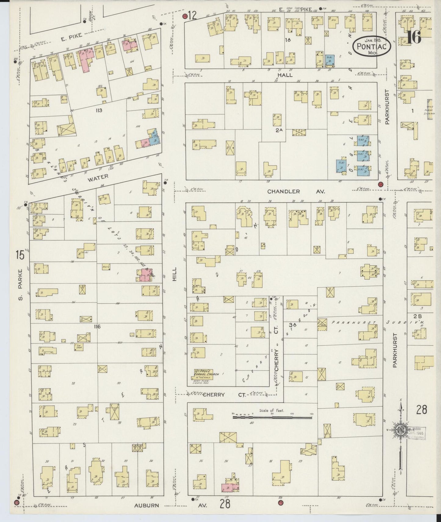 Sanborn Fire Insurance Map from Pontiac, Oakland County, Michigan (1915), Sheet #0016 - Historic Sanborn Fire Insurance Map Print, vintage old map wall art, antique decor, genealogy gift, Michigan Michigan map