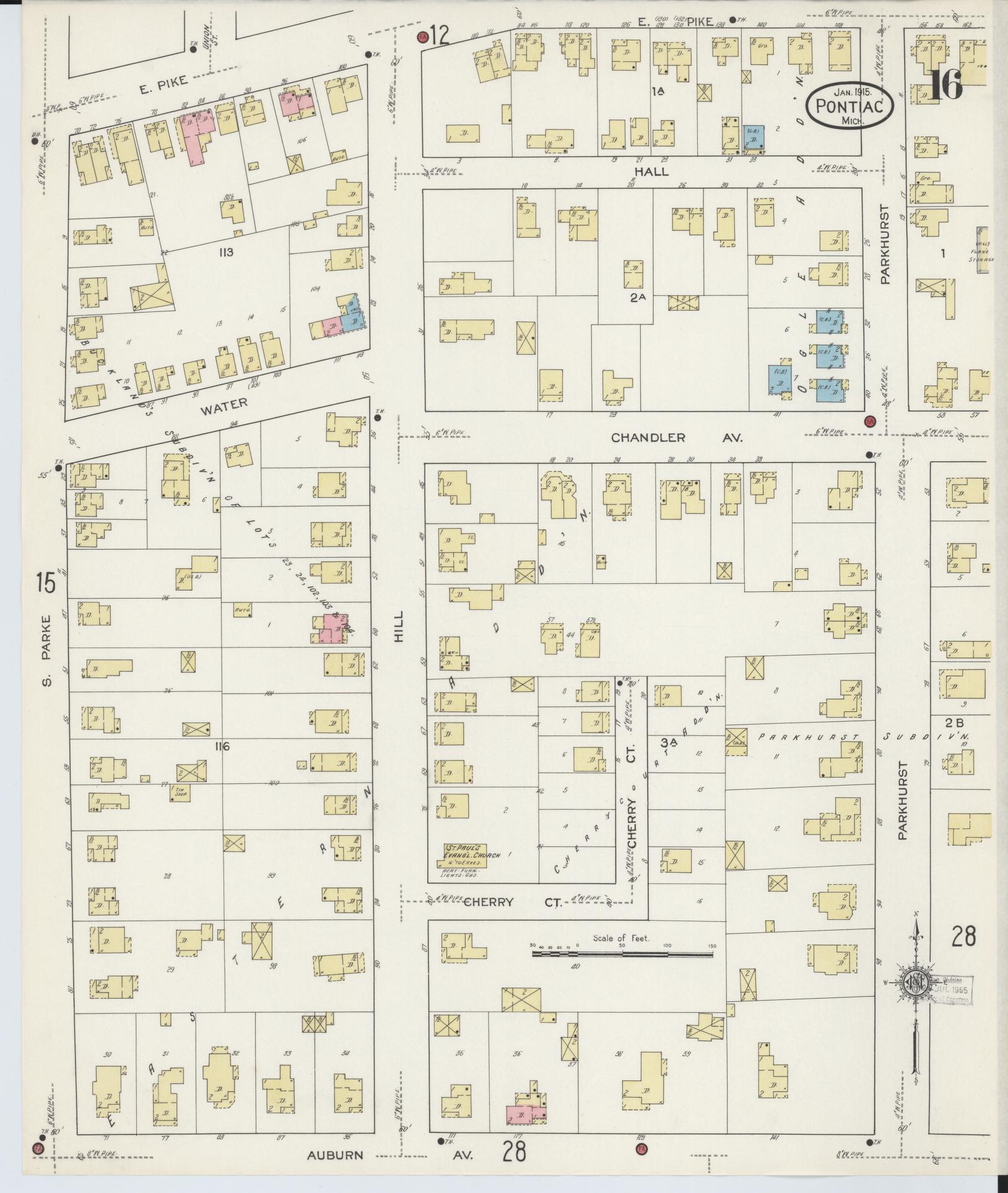 Sanborn Fire Insurance Map from Pontiac, Oakland County, Michigan (1915), Sheet #0016 - Historic Sanborn Fire Insurance Map Print, vintage old map wall art, antique decor, genealogy gift, Michigan Michigan map