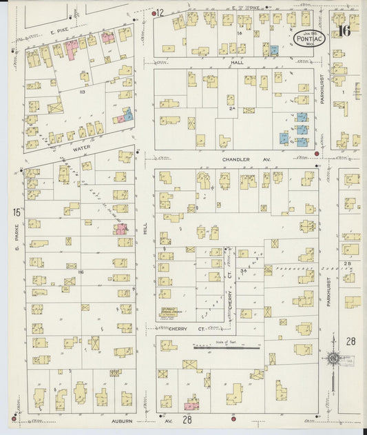 Sanborn Fire Insurance Map from Pontiac, Oakland County, Michigan (1915), Sheet #0016 - Historic Sanborn Fire Insurance Map Print, vintage old map wall art, antique decor, genealogy gift, Michigan Michigan map