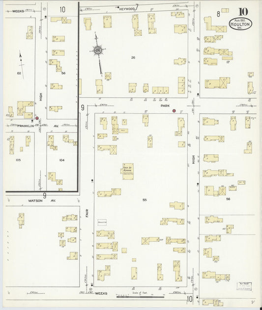Sanborn Fire Insurance Map from Houlton, Aroostook County, Maine (1912), Sheet #0010 - Historic Sanborn Fire Insurance Map Print, vintage old map wall art, antique decor, genealogy gift, Maine Maine map