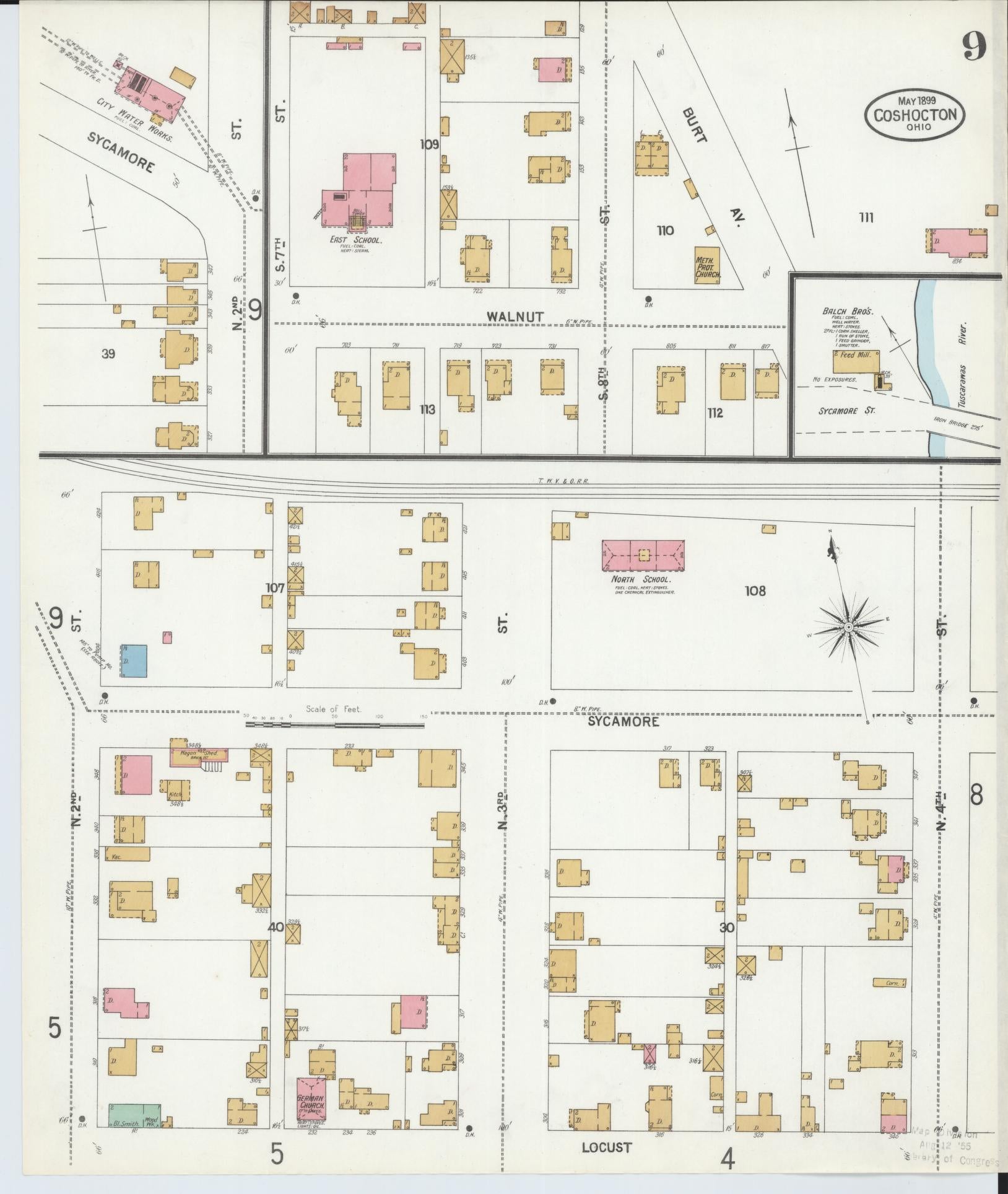 Sanborn Fire Insurance Map from Coshocton, Coshocton County, Ohio (1899), Sheet #0009 - Historic Sanborn Fire Insurance Map Print, vintage old map wall art, antique decor, genealogy gift, Ohio Ohio map