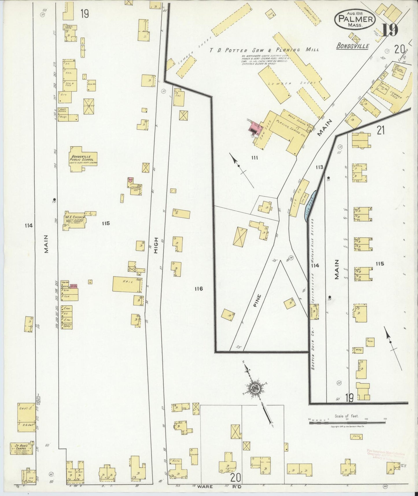 Sanborn Fire Insurance Map from Palmer, Hampden County, Massachusetts (1918), Sheet #0019 - Complete Map Set gallery image, historic Sanborn map, vintage wall art, Massachusetts Massachusetts