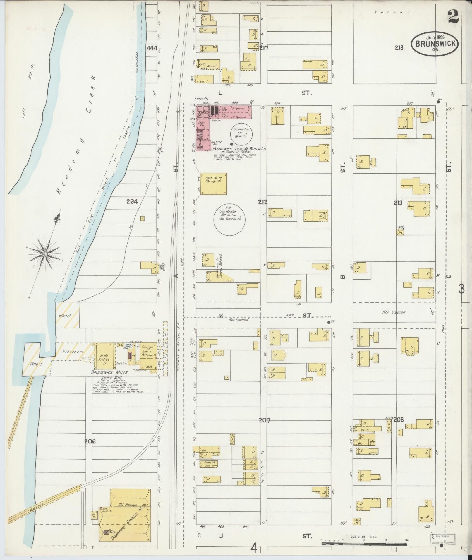 Sanborn Fire Insurance Map from Brunswick, Glynn County, Georgia (1898), Sheet #0002 - Historic Sanborn Fire Insurance Map Print, vintage old map wall art, antique decor, genealogy gift, Georgia Georgia map