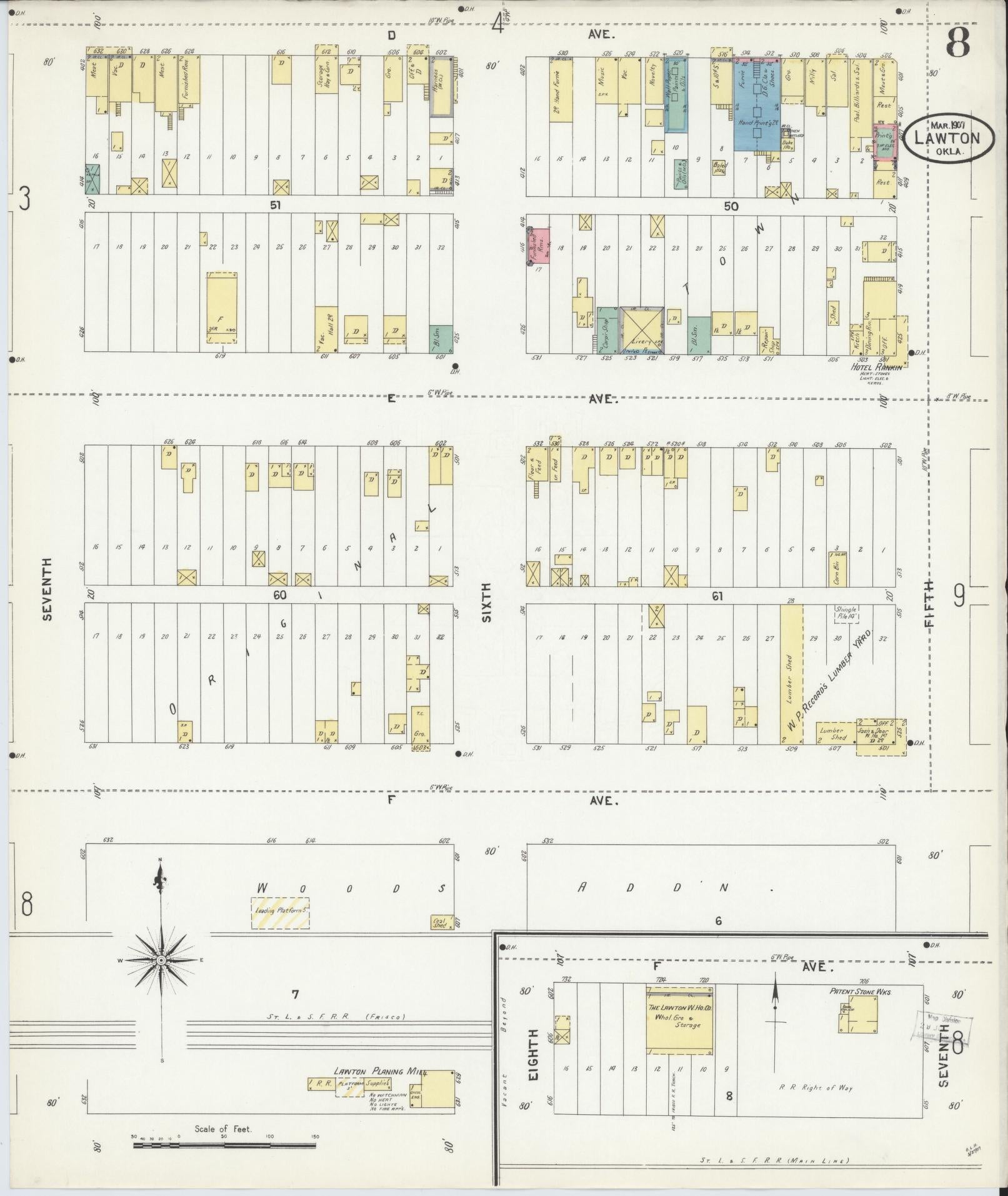 Sanborn Fire Insurance Map from Lawton, Comanche County, Oklahoma (1907), Sheet #0008 - Historic Sanborn Fire Insurance Map Print, vintage old map wall art, antique decor, genealogy gift, Oklahoma Oklahoma map