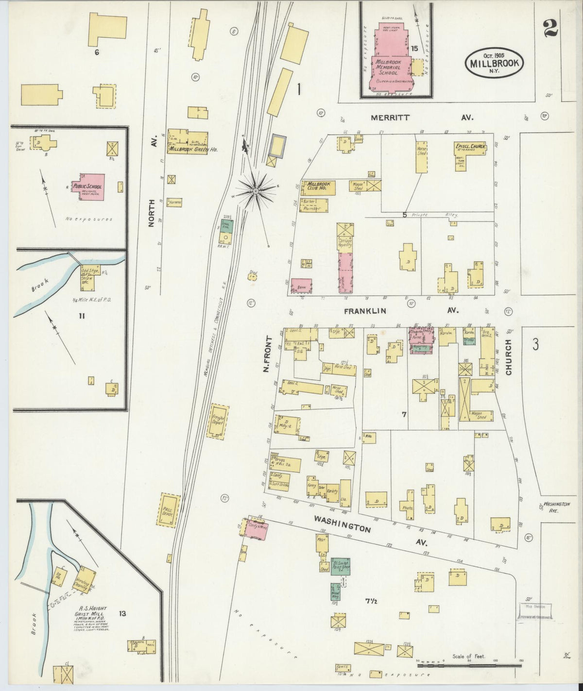 Sanborn Fire Insurance Map from Millbrook, Dutchess County, New York (1905), Sheet #0002 - Historic Sanborn Fire Insurance Map Print, vintage old map wall art, antique decor, genealogy gift, New York New York map