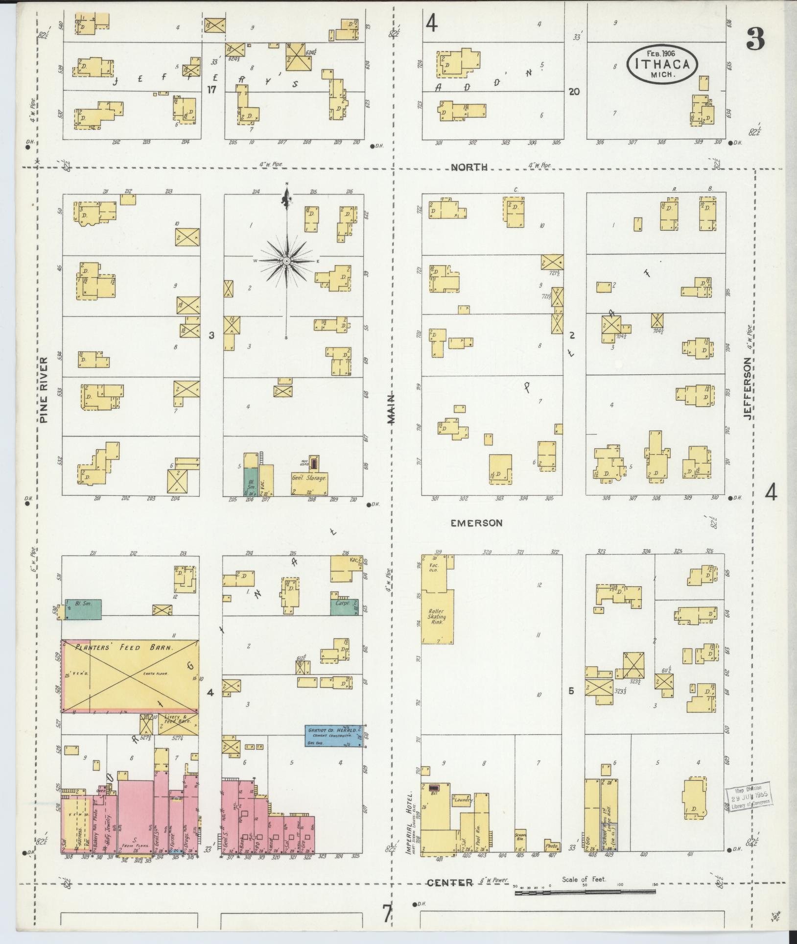 Sanborn Fire Insurance Map from Ithaca, Gratiot County, Michigan (1906), Sheet #0003 - Complete Map Set gallery image, historic Sanborn map, vintage wall art, Michigan Michigan