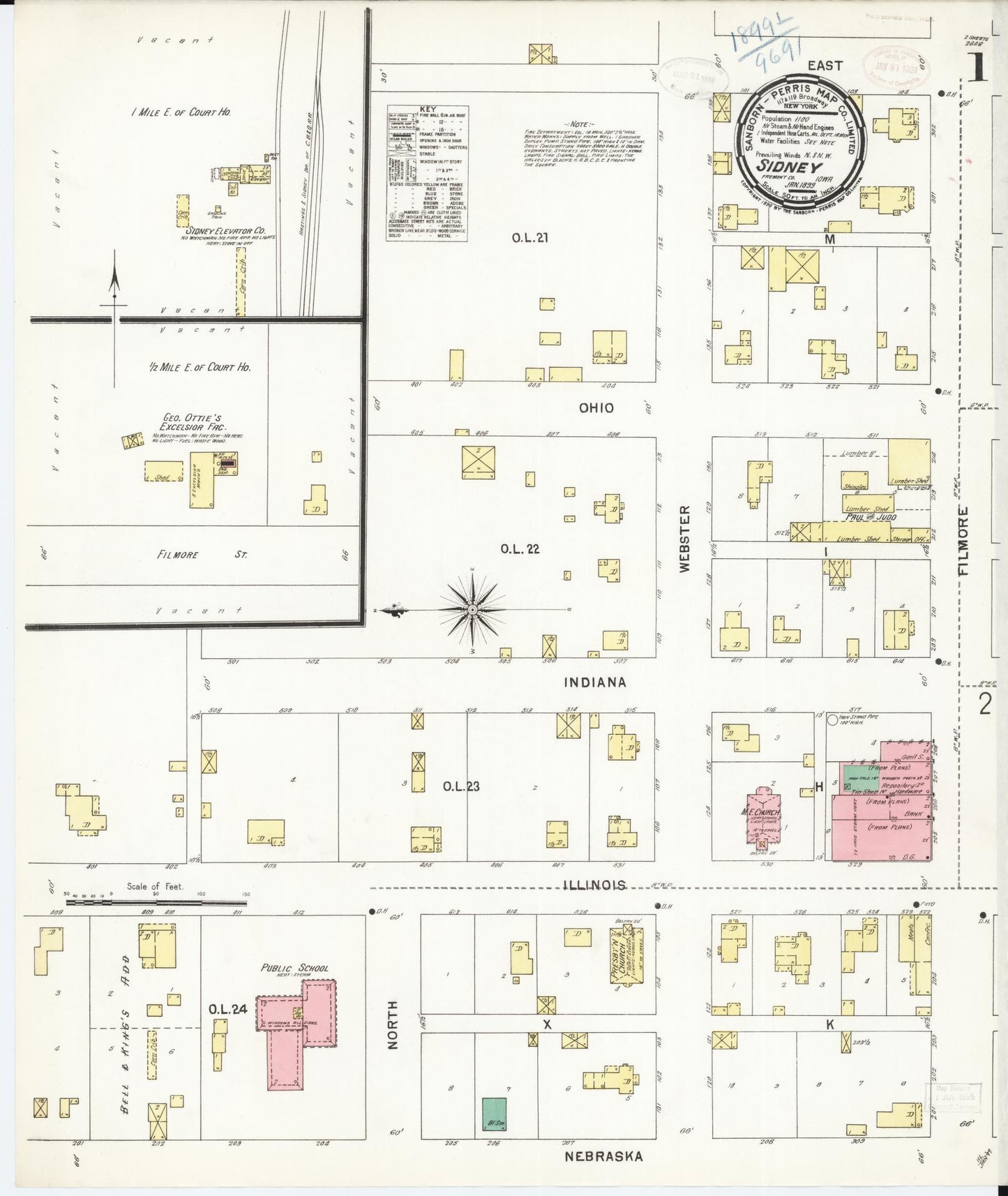 Sanborn Fire Insurance Map from Sidney, Fremont County, Iowa (1899), Sheet #0001 - Historic Sanborn Fire Insurance Map Print, vintage old map wall art