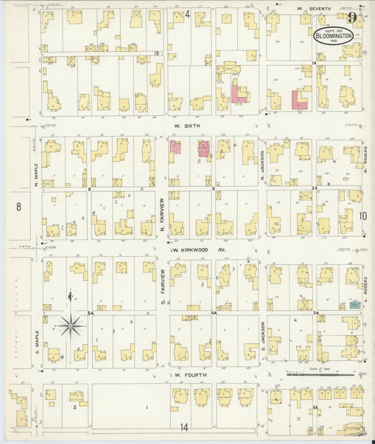 Sanborn Fire Insurance Map from Bloomington, Monroe County, Indiana (1907), Sheet #0009 - Historic Sanborn Fire Insurance Map Print, vintage old map wall art, antique decor, genealogy gift, Indiana Indiana map