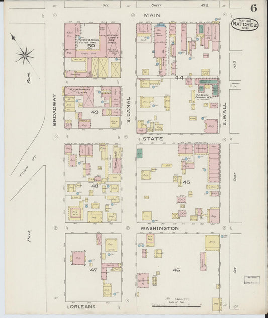 Sanborn Fire Insurance Map from Natchez, Adams County, Mississippi (1886), Sheet #0006 - Historic Sanborn Fire Insurance Map Print, vintage old map wall art, antique decor, genealogy gift, Mississippi Mississippi map