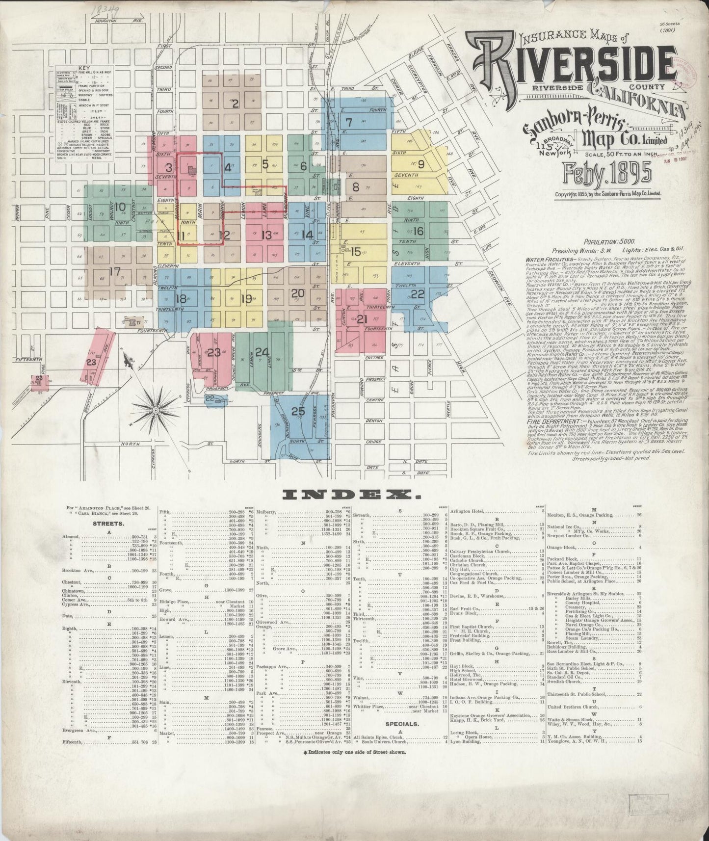 Sanborn Fire Insurance Map from Riverside, Riverside County, California (1895), Sheet #0001 - Complete Map Set gallery image, historic Sanborn map, vintage wall art, California California
