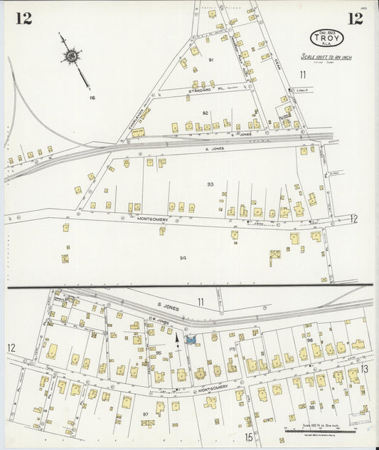 Sanborn Fire Insurance Map from Troy, Pike County, Alabama (1923), Sheet #0012 - Historic Sanborn Fire Insurance Map Print, vintage old map wall art, antique decor, genealogy gift, Alabama Alabama map