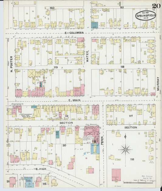 Sanborn Fire Insurance Map from Springfield, Clark County, Ohio (1891), Sheet #0020 - Historic Sanborn Fire Insurance Map Print, vintage old map wall art, antique decor, genealogy gift, Ohio Ohio map