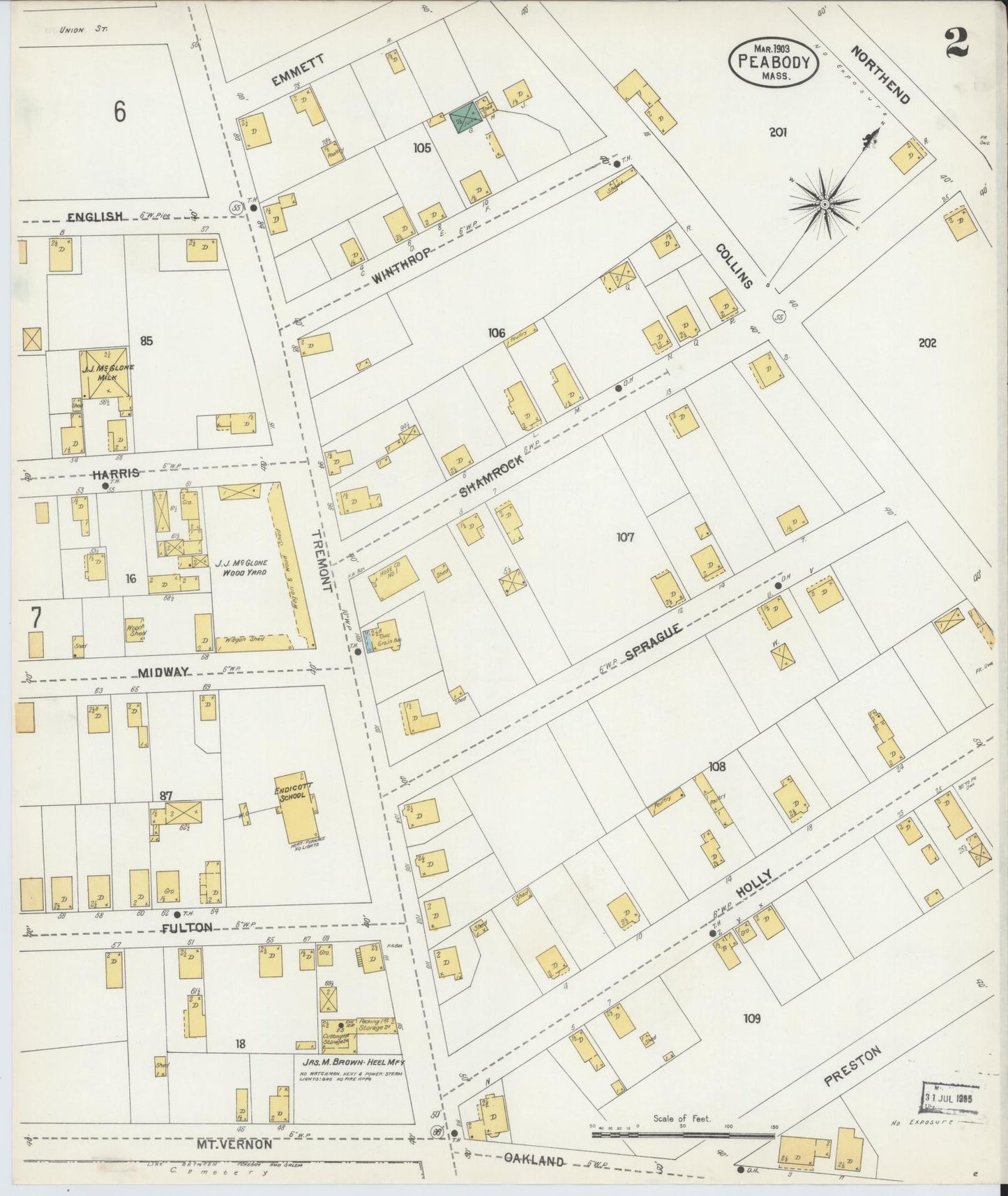 Sanborn Fire Insurance Map from Peabody, Essex County, Massachusetts (1903), Sheet #0002 - Historic Sanborn Fire Insurance Map Print, vintage old map wall art, antique decor, genealogy gift, Massachusetts Massachusetts map