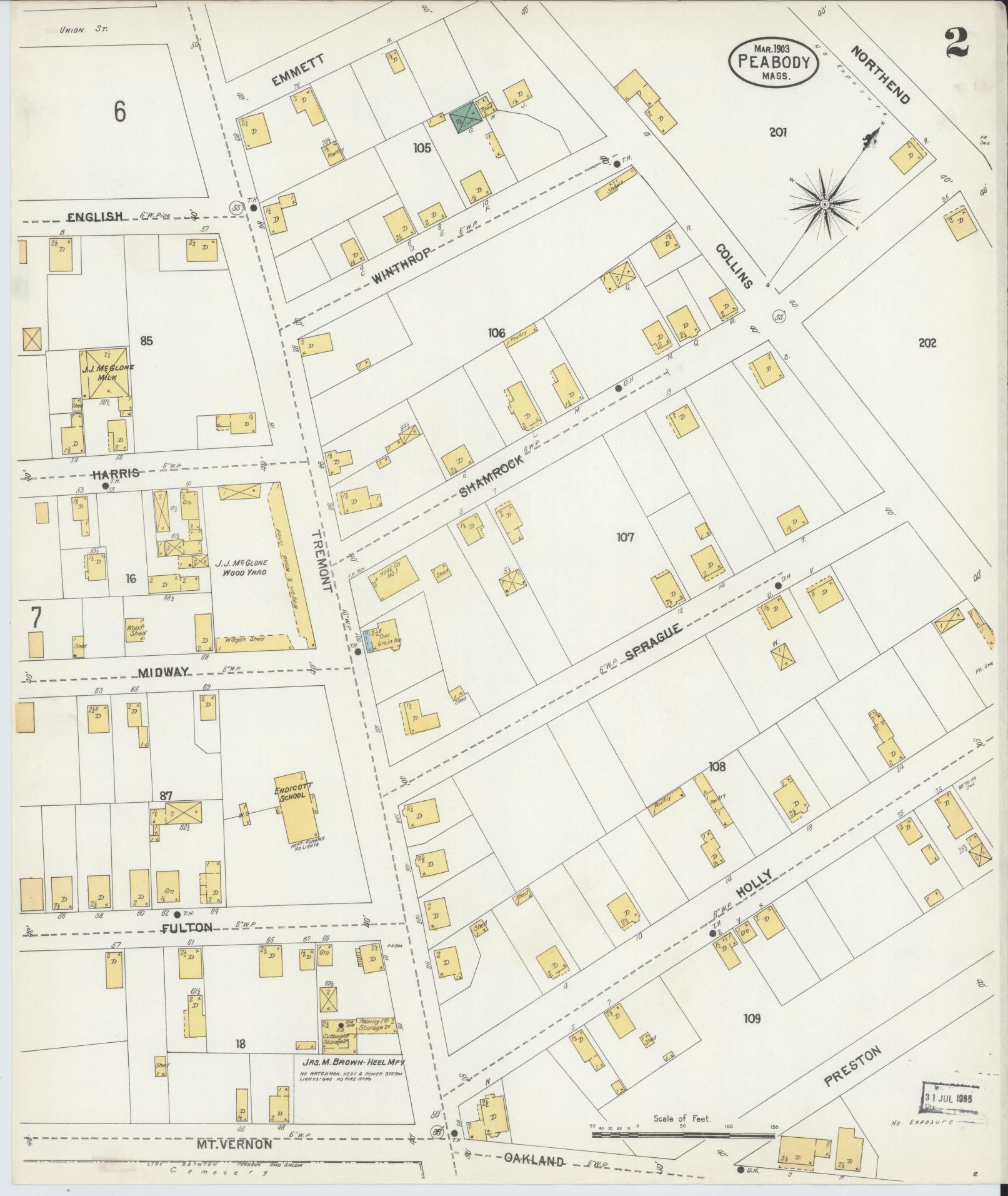 Sanborn Fire Insurance Map from Peabody, Essex County, Massachusetts (1903), Sheet #0002 - Historic Sanborn Fire Insurance Map Print, vintage old map wall art, antique decor, genealogy gift, Massachusetts Massachusetts map