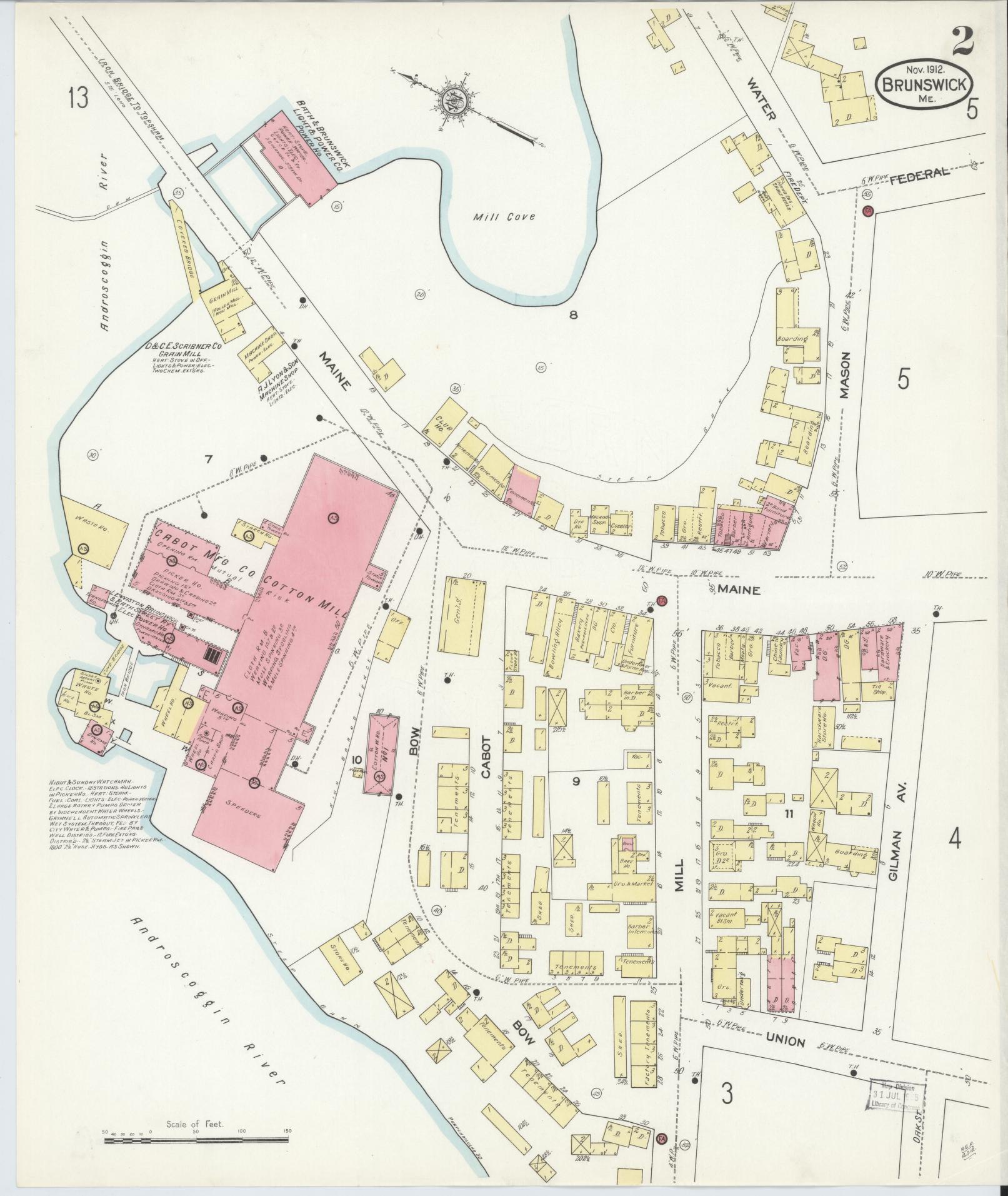 Sanborn Fire Insurance Map from Brunswick, Cumberland County, Maine (1912), Sheet #0002 - Complete Map Set gallery image, historic Sanborn map, vintage wall art, Maine Maine