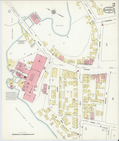 Sanborn Fire Insurance Map from Brunswick, Cumberland County, Maine (1912), Sheet #0002 - Complete Map Set gallery image, historic Sanborn map, vintage wall art, Maine Maine