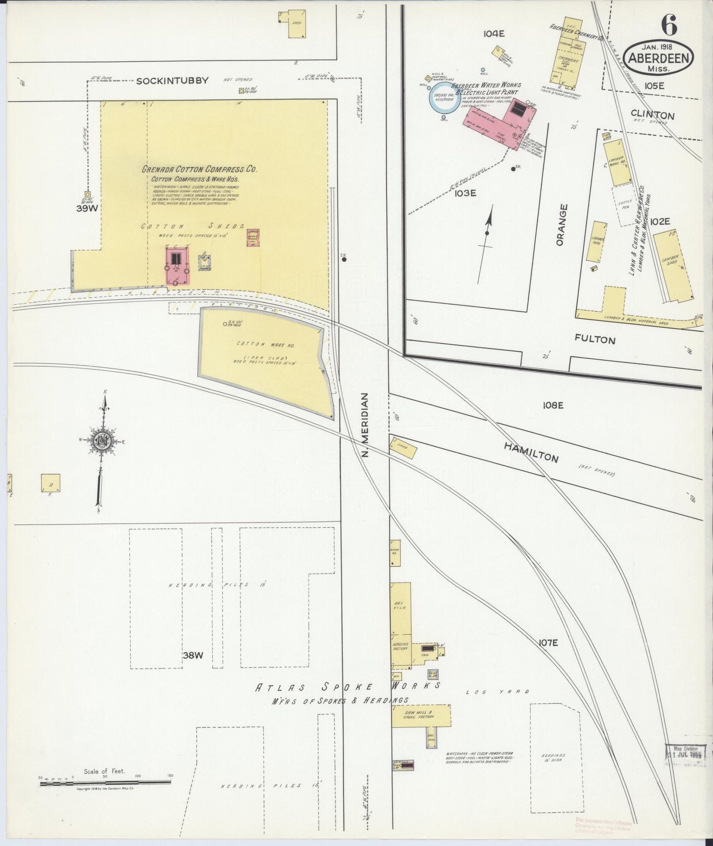 Sanborn Fire Insurance Map from Aberdeen, Monroe County, Mississippi (1918), Sheet #0006 - Complete Map Set gallery image, historic Sanborn map, vintage wall art, Mississippi Mississippi