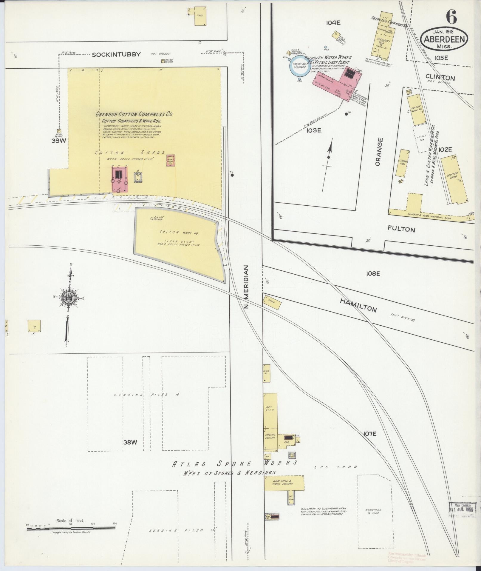 Sanborn Fire Insurance Map from Aberdeen, Monroe County, Mississippi (1918), Sheet #0006 - Complete Map Set gallery image, historic Sanborn map, vintage wall art, Mississippi Mississippi