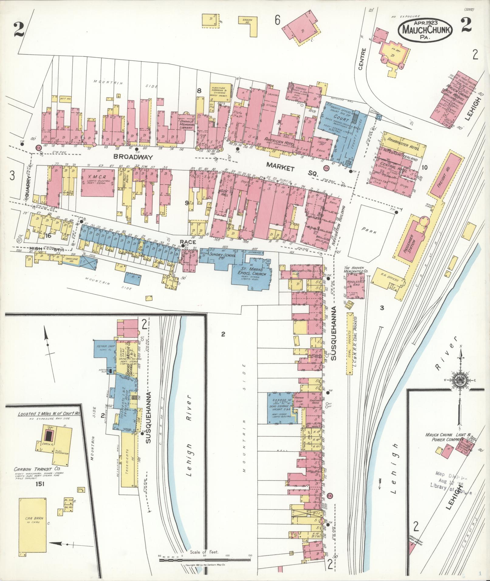 Sanborn Fire Insurance Map from Mauch Chunk, Carbon County, Pennsylvania (1923), Sheet #0002 - Historic Sanborn Fire Insurance Map Print, vintage old map wall art, antique decor, genealogy gift, Pennsylvania Pennsylvania map
