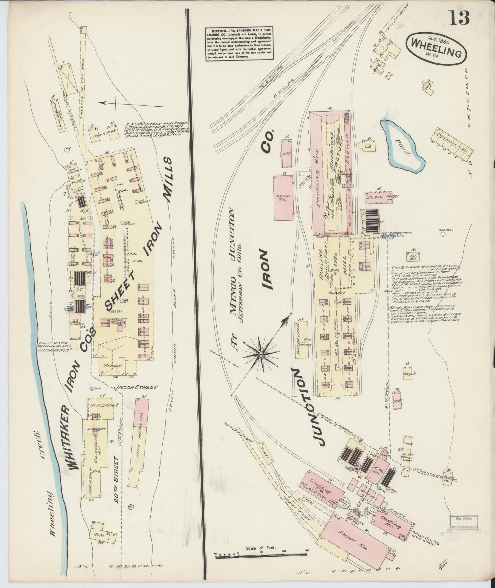 Sanborn Fire Insurance Map from Wheeling, Ohio County, West Virginia (1884), Sheet #0013 - Historic Sanborn Fire Insurance Map Print, vintage old map wall art, antique decor, genealogy gift, West Virginia West Virginia map