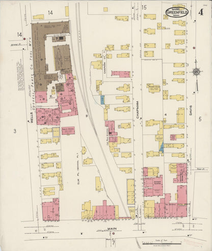 Sanborn Fire Insurance Map from Greenfield, Franklin County, Massachusetts (1922), Sheet #0004 - Historic Sanborn Fire Insurance Map Print, vintage old map wall art, antique decor, genealogy gift, Massachusetts Massachusetts map