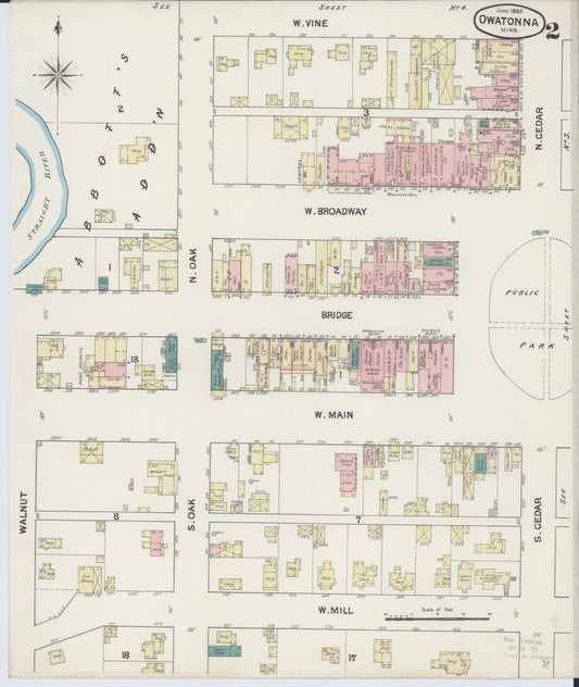 Sanborn Fire Insurance Map from Owatonna, Steele County, Minnesota (1889), Sheet #0002 - Historic Sanborn Fire Insurance Map Print, vintage old map wall art, antique decor, genealogy gift, Minnesota Minnesota map
