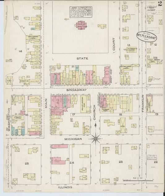 Sanborn Fire Insurance Map from Mount Pleasant, Isabella County, Michigan (1884), Sheet #0002 - Historic Sanborn Fire Insurance Map Print, vintage old map wall art, antique decor, genealogy gift, Michigan Michigan map