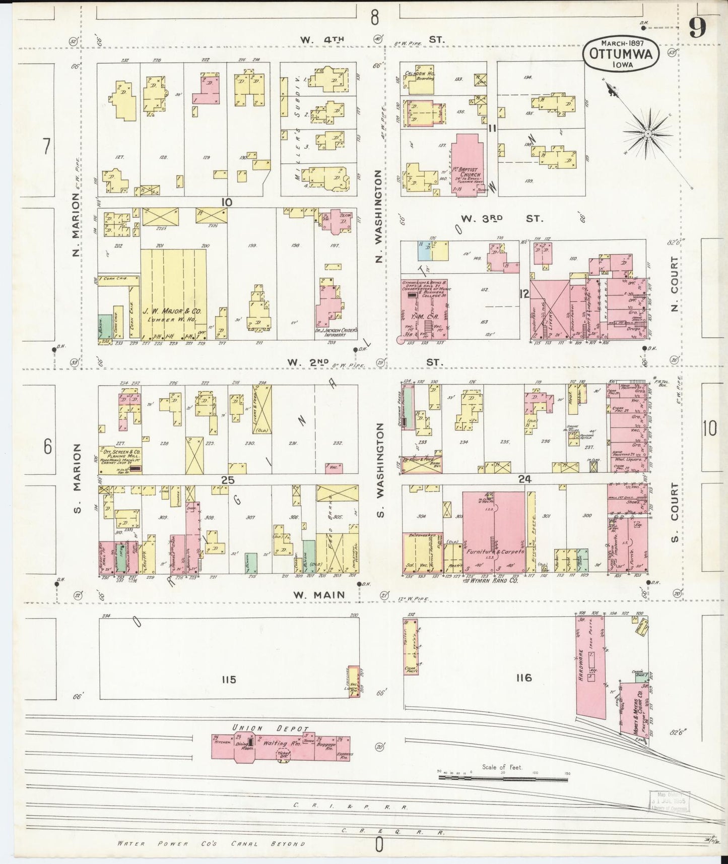 Sanborn Fire Insurance Map from Ottumwa, Wapello County, Iowa (1897), Sheet #0009 - Historic Sanborn Fire Insurance Map Print, vintage old map wall art