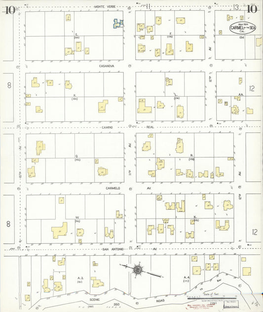 Sanborn Fire Insurance Map from Carmel By The Sea, Monterey County, California (1924), Sheet #0010 - Historic Sanborn Fire Insurance Map Print, vintage old map wall art, antique decor, genealogy gift, California California map
