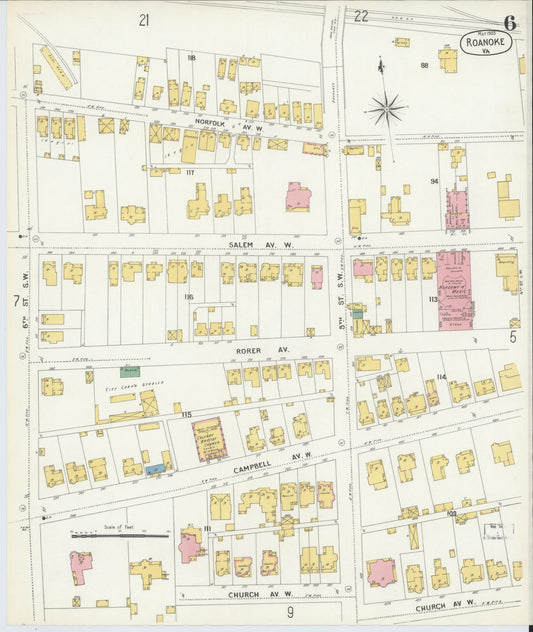Sanborn Fire Insurance Map from Roanoke, Independent Cities, Virginia (1903), Sheet #0006 - Historic Sanborn Fire Insurance Map Print, vintage old map wall art, antique decor, genealogy gift, Virginia Virginia map