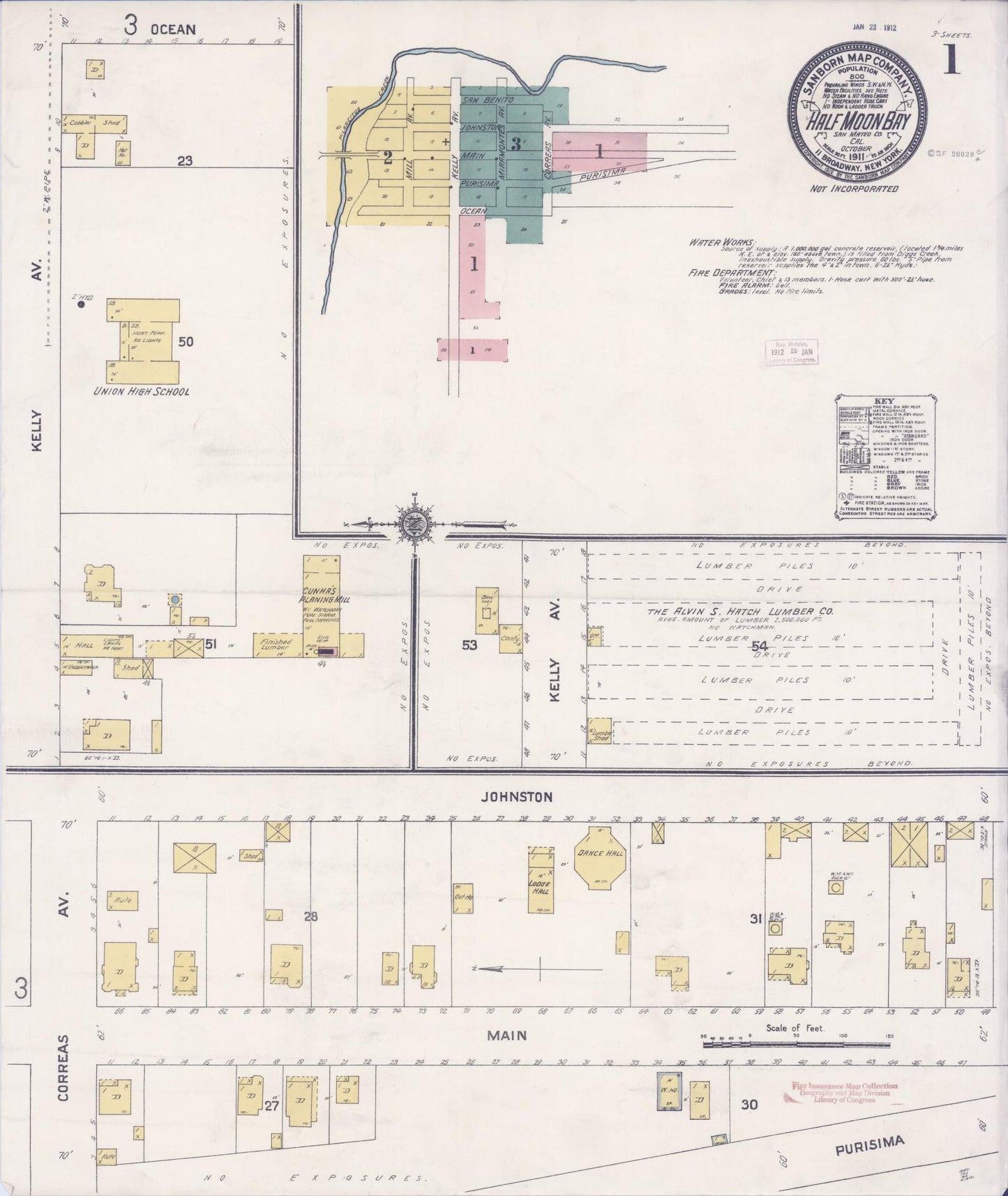 Sanborn Fire Insurance Map from Half Moon Bay, San Mateo County, California (1911), Sheet #0001 - Historic Sanborn Fire Insurance Map Print, vintage old map wall art, antique decor, genealogy gift, California California map