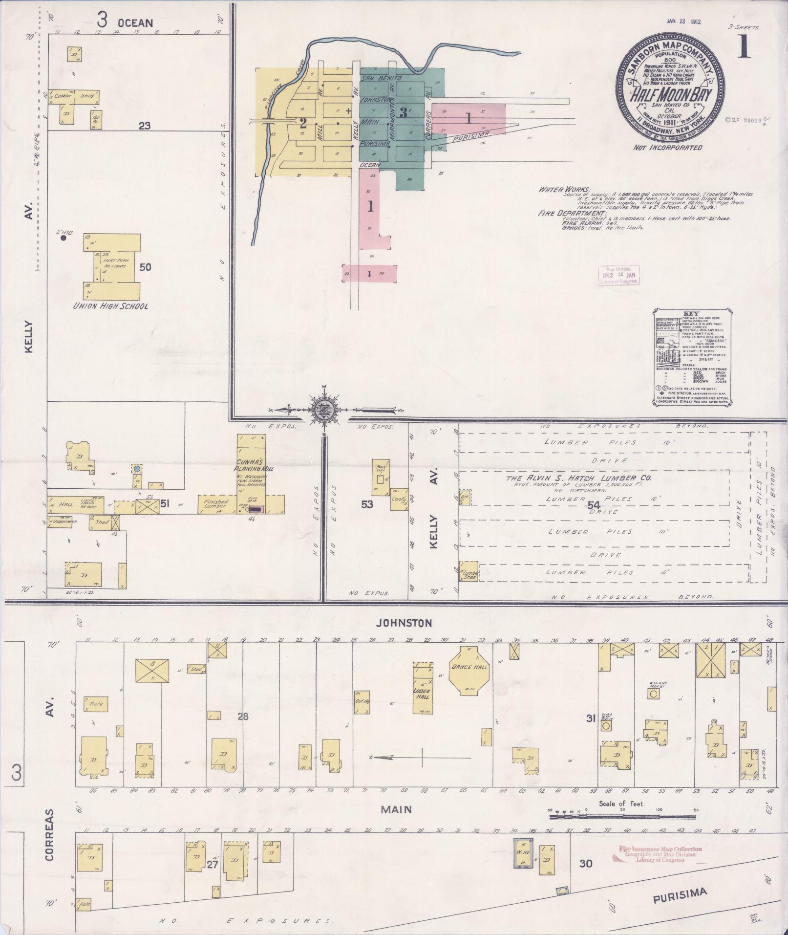 Sanborn Fire Insurance Map from Half Moon Bay, San Mateo County, California (1911), Sheet #0001 - Historic Sanborn Fire Insurance Map Print, vintage old map wall art, antique decor, genealogy gift, California California map