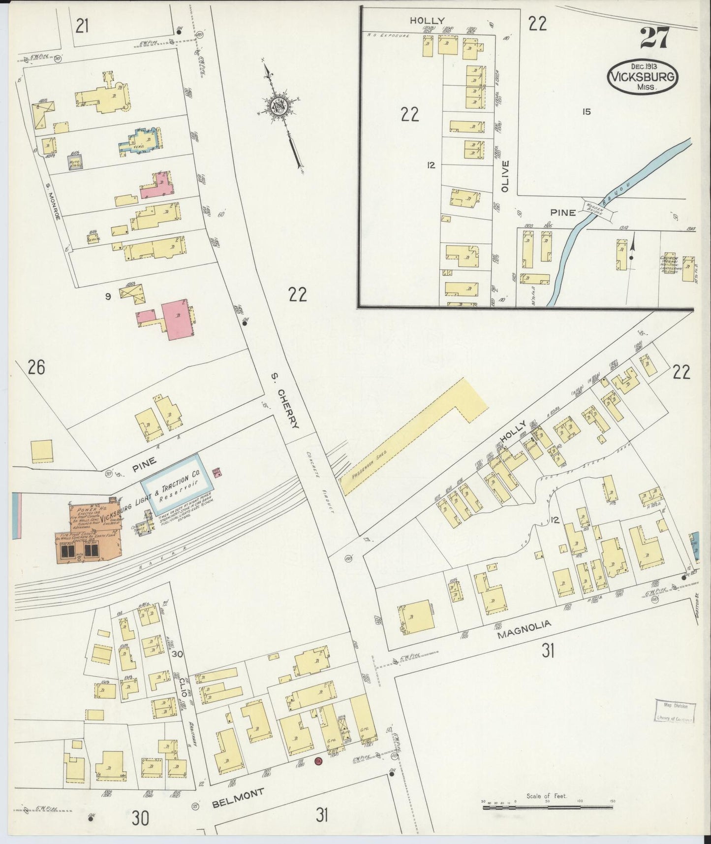 Sanborn Fire Insurance Map from Vicksburg, Warren County, Mississippi (1913), Sheet #0027 - Historic Sanborn Fire Insurance Map Print, vintage old map wall art, antique decor, genealogy gift, Mississippi Mississippi map