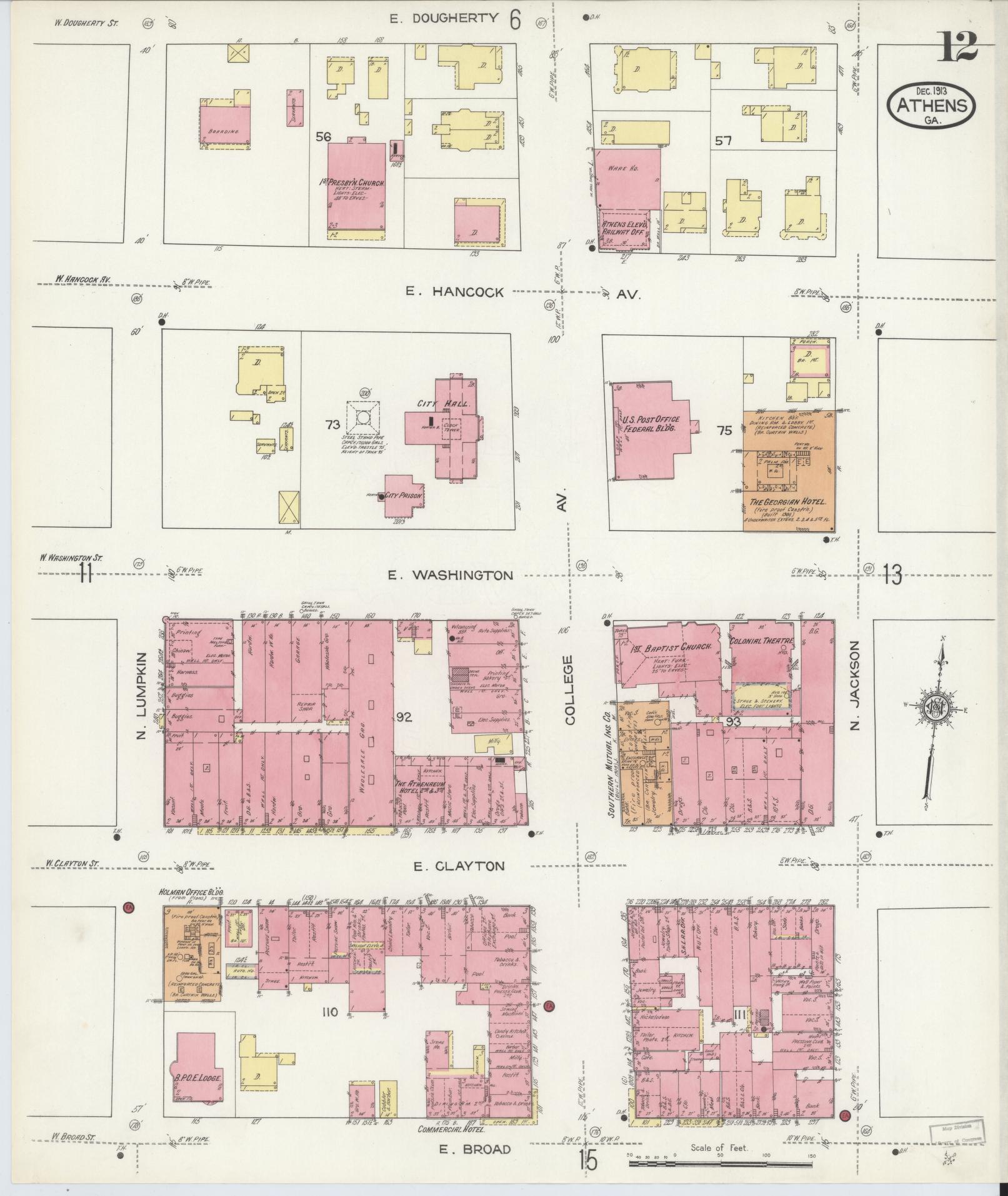 Sanborn Fire Insurance Map from Athens, Clarke County, Georgia (1913), Sheet #0012 - Historic Sanborn Fire Insurance Map Print, vintage old map wall art, antique decor, genealogy gift, Georgia Georgia map
