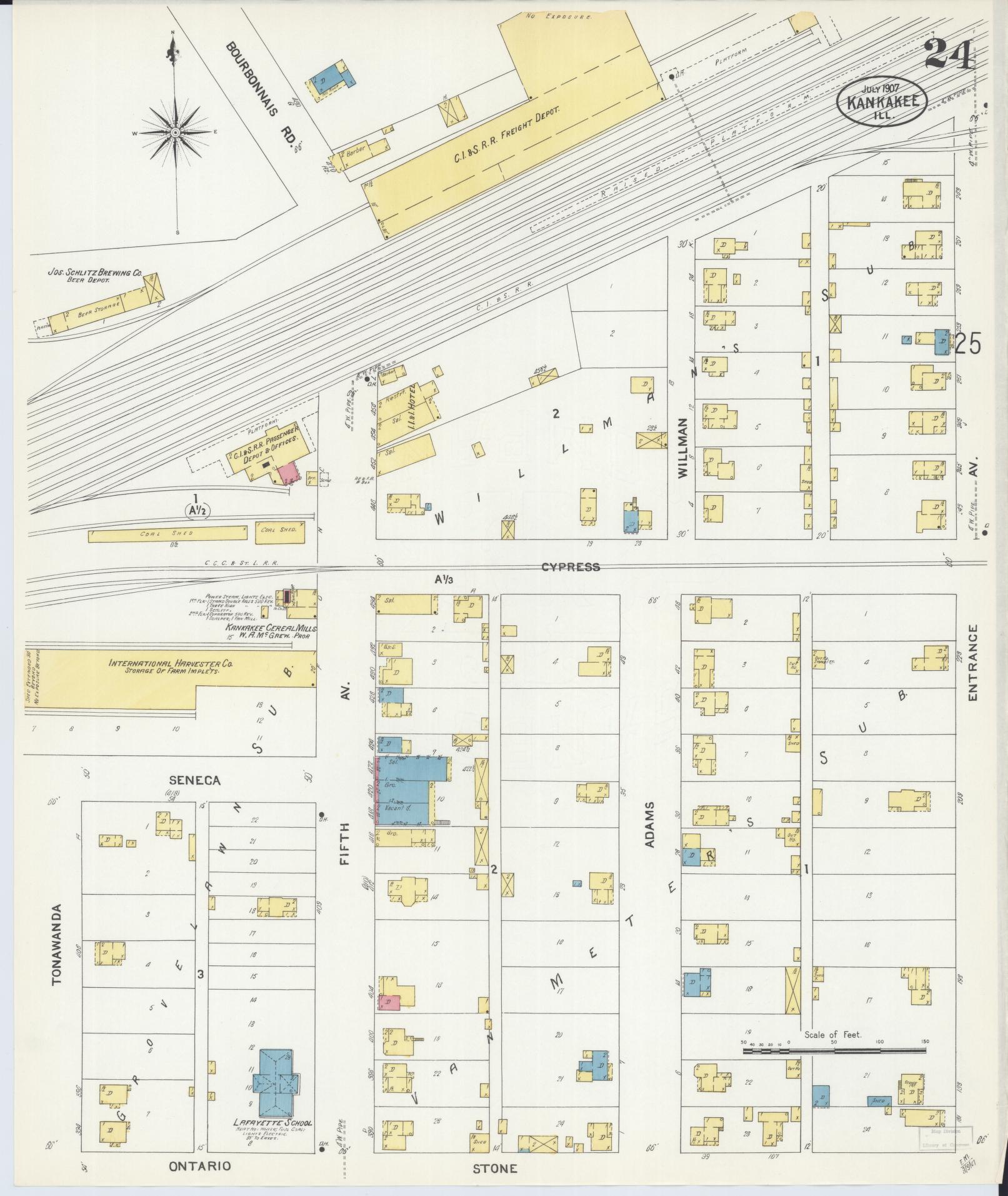 Sanborn Fire Insurance Map from Kankakee, Kankakee County, Illinois (1907), Sheet #0024 - Historic Sanborn Fire Insurance Map Print, vintage old map wall art, antique decor, genealogy gift, Illinois Illinois map