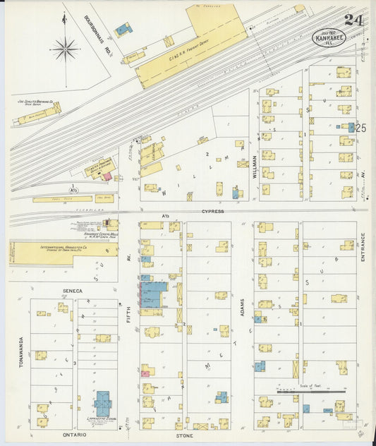 Sanborn Fire Insurance Map from Kankakee, Kankakee County, Illinois (1907), Sheet #0024 - Historic Sanborn Fire Insurance Map Print, vintage old map wall art, antique decor, genealogy gift, Illinois Illinois map